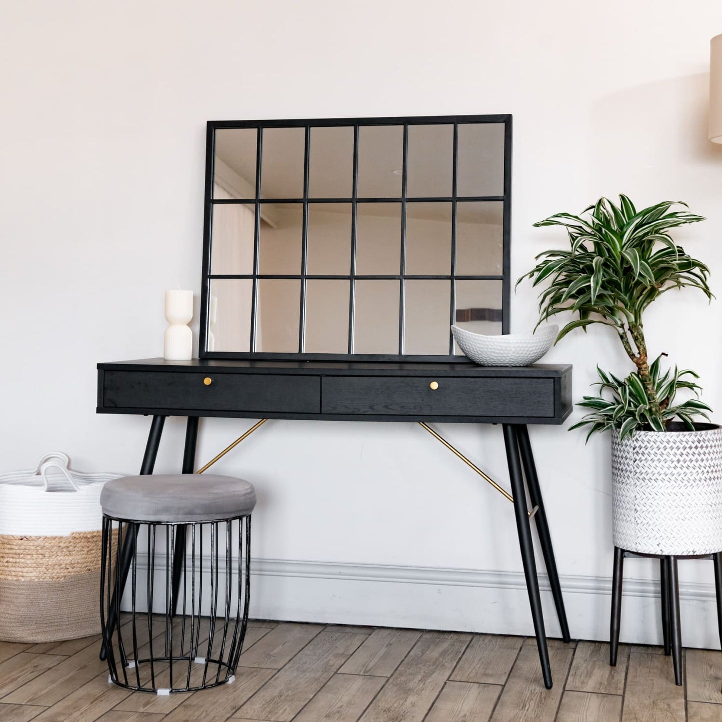 Kyō - Black Metal Rectangle Lattice Window Mirror - 90cm x 70cm-4