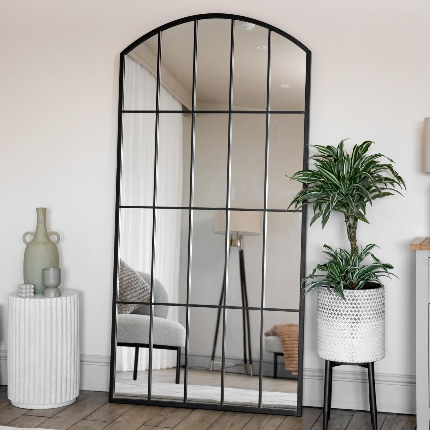 Tomi - Full Length Black Metal Arched Lattice Window Mirror - 180cm x 90cm-0