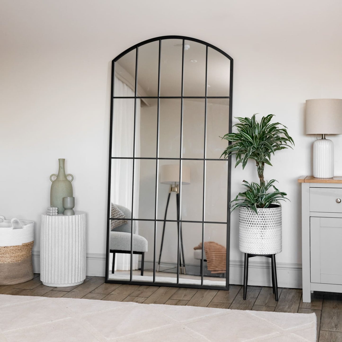 Tomi - Full Length Black Metal Arched Lattice Window Mirror - 180cm x 90cm-3