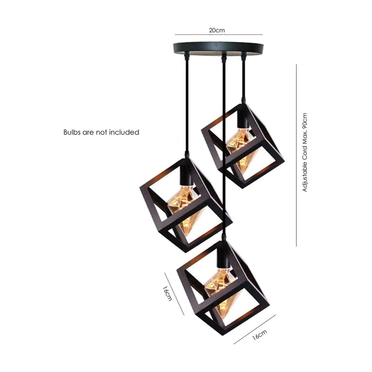 3 Head Black Square Wire Cage Bar Triple Hanging Pendant Light ~5297