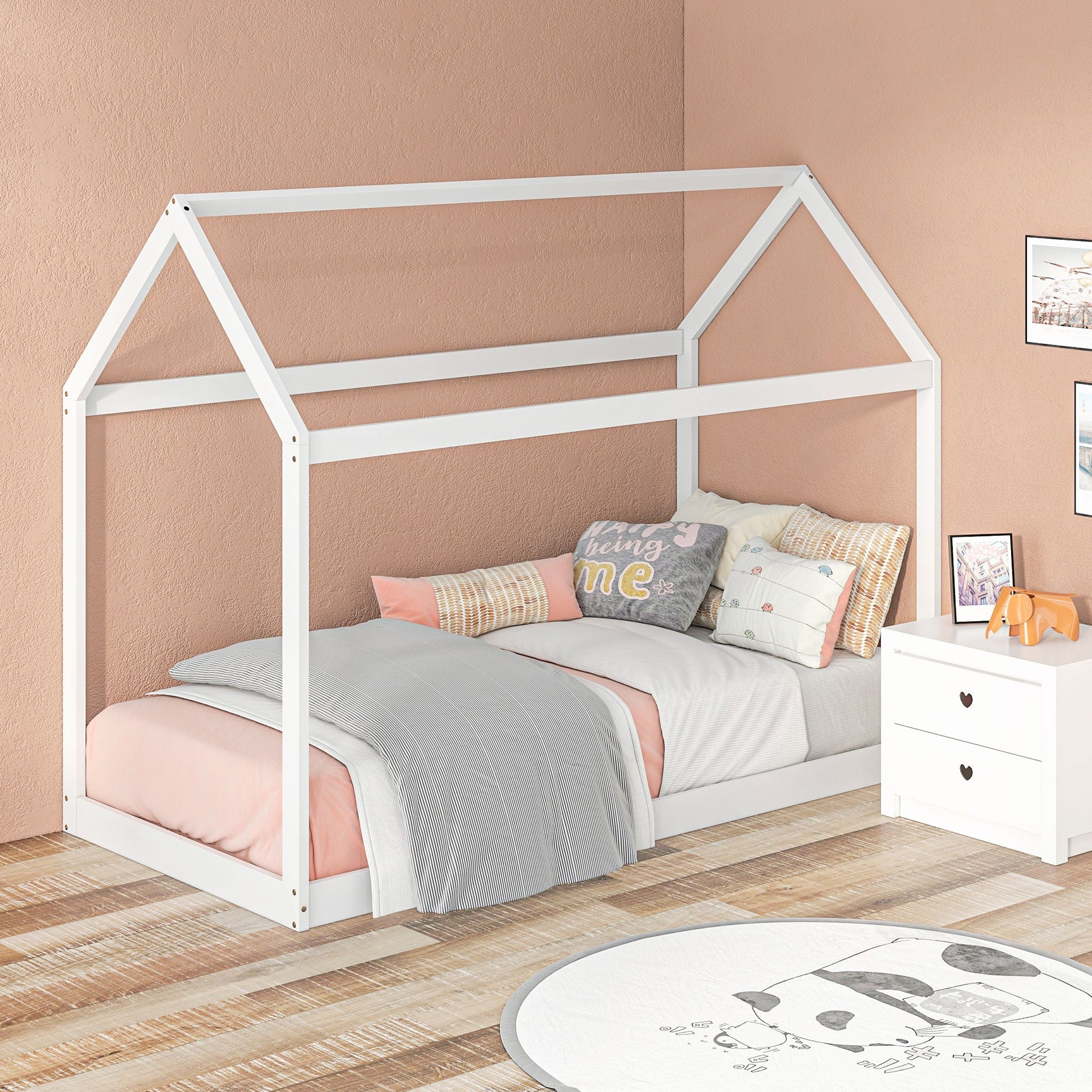 Single House-Shaped Wooden Bed Frame for 90 x 190 cm Mattress - White-1