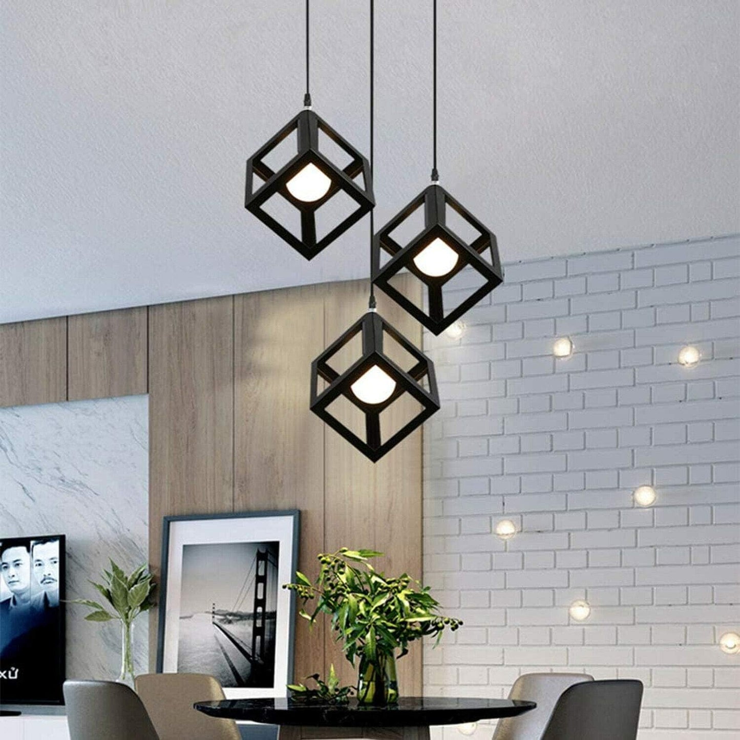 3 Head Black Square Wire Cage Bar Triple Hanging Pendant Light ~5297