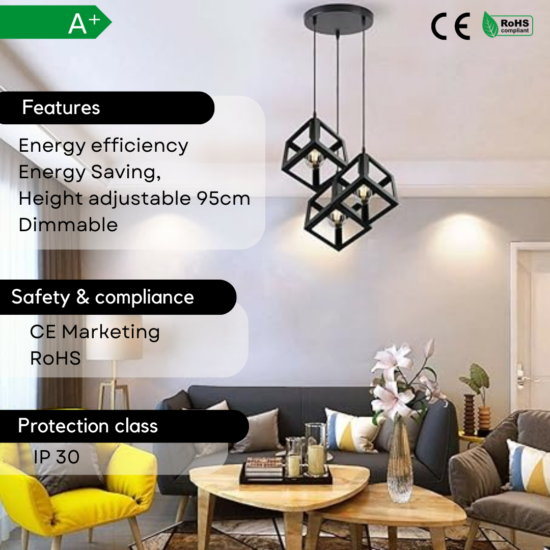 3 Head Black Square Wire Cage Bar Triple Hanging Pendant Light ~5297