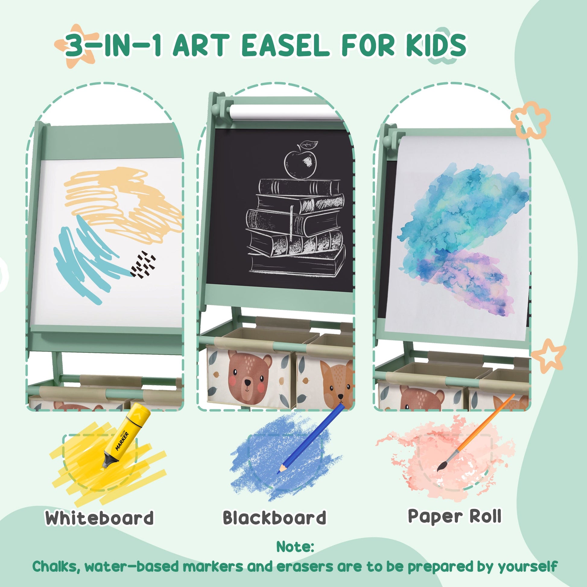 Kids Table and Chair Set and Kids Easel with Paper Roll, Storage Baskets, Kids Activity Furniture Set, Green-3