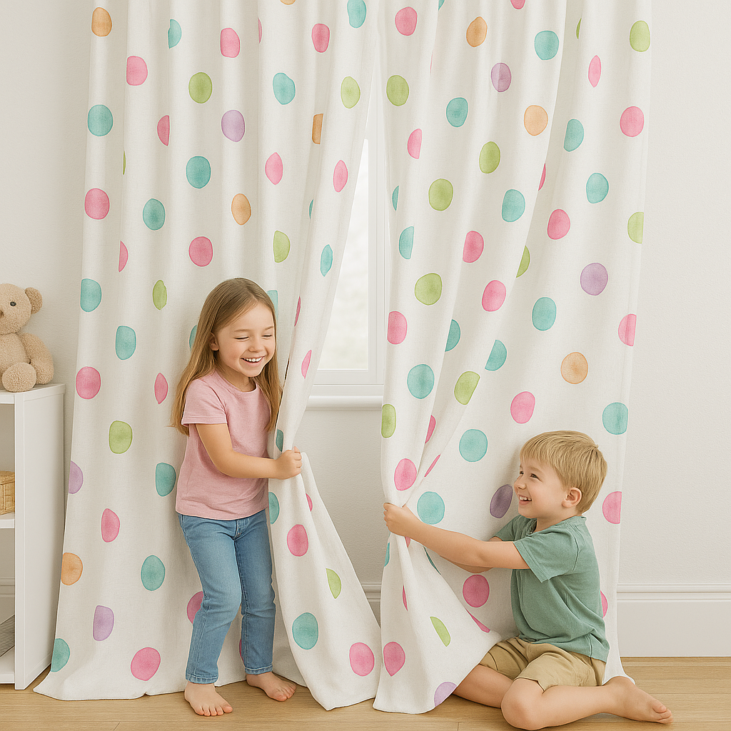 White Linen Polka Dot Curtains for Kids Room - Custom Sizes, Blackout or Light Filtering Liners, Rod or Track Compatible-1