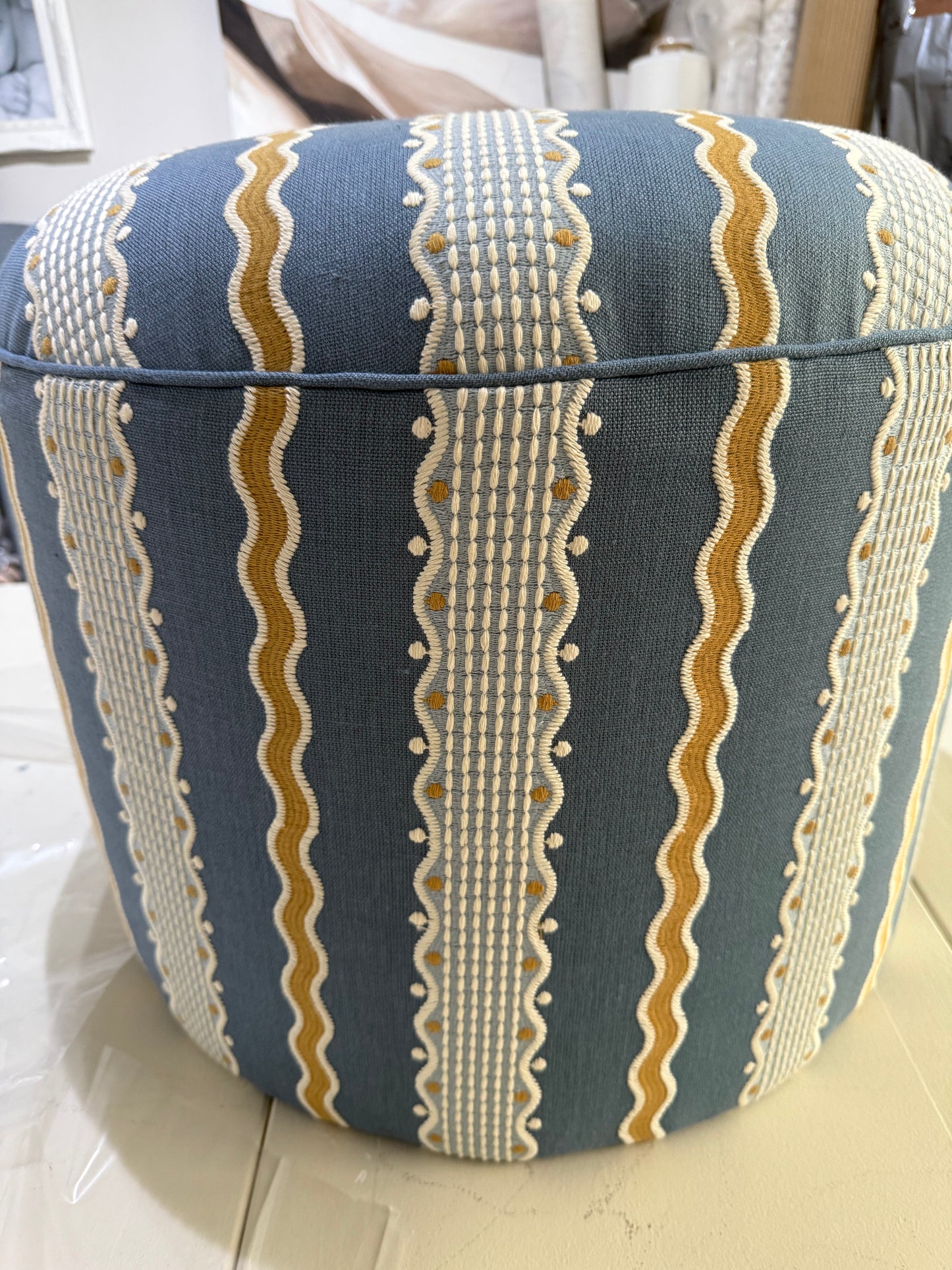 The Paddington Round Footstool/pouffe in Hermia Embroidered