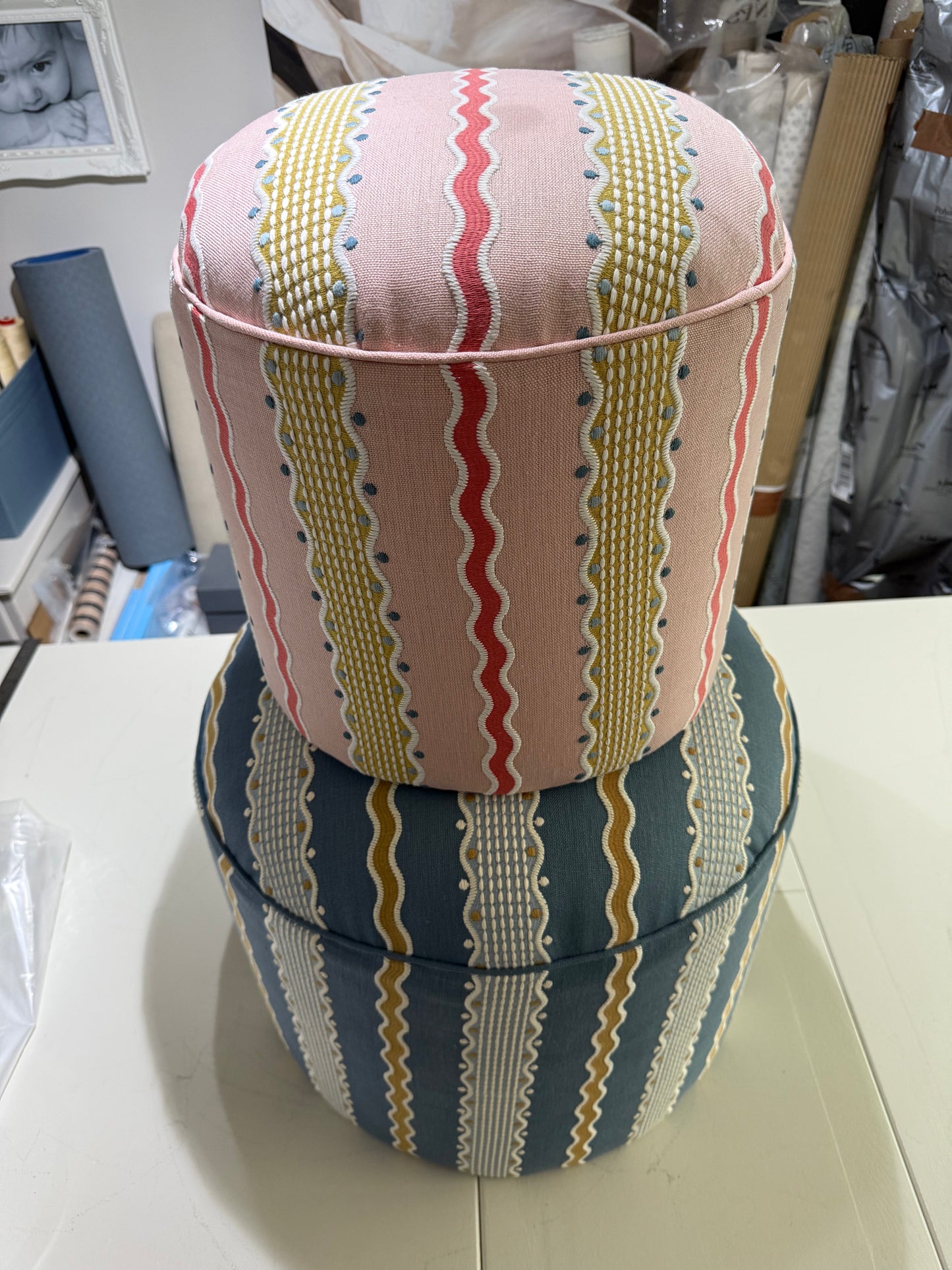 The Paddington Round Footstool/pouffe in Hermia Embroidered