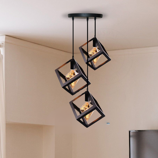 3 Head Black Square Wire Cage Bar Triple Hanging Pendant Light ~5297
