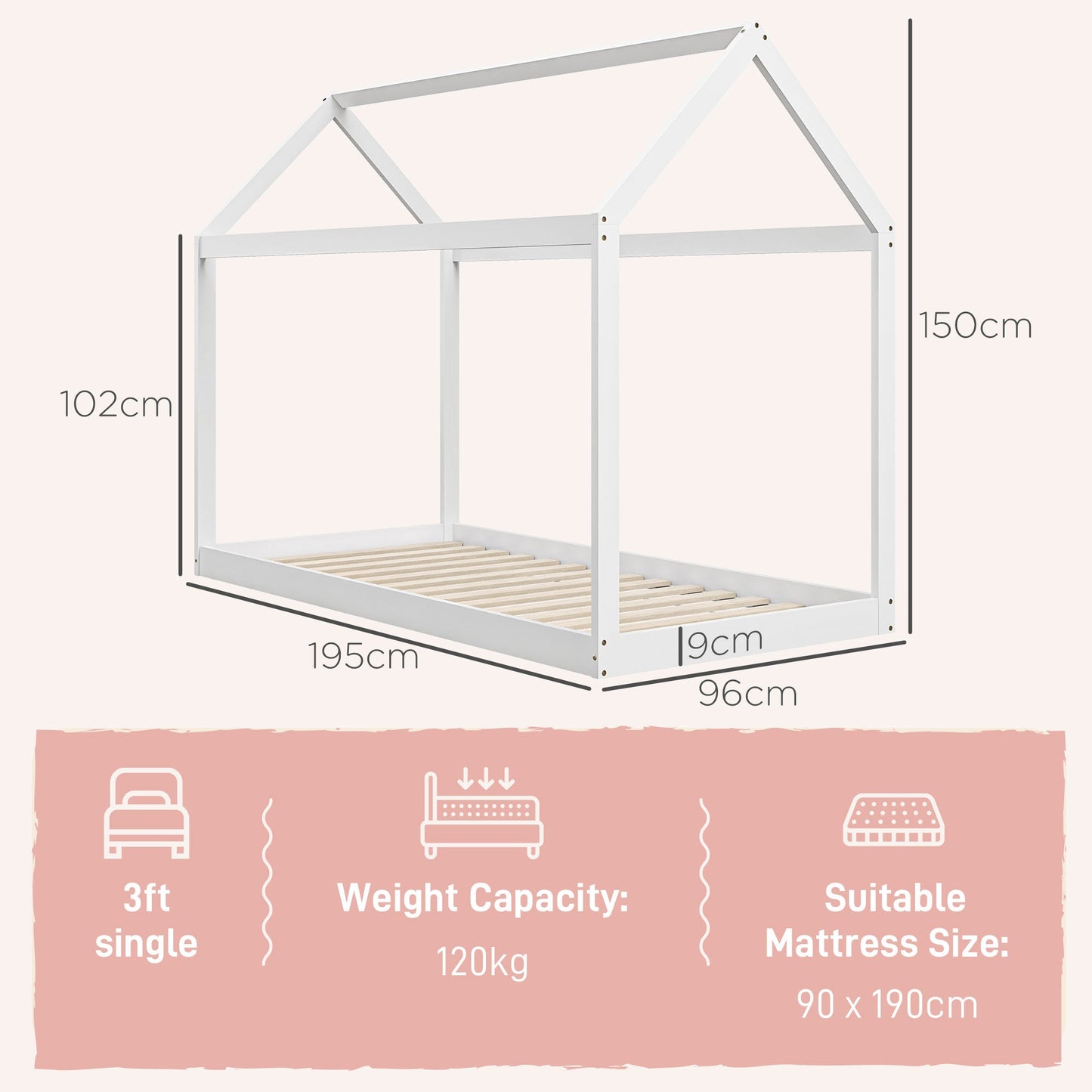 Single House-Shaped Wooden Bed Frame for 90 x 190 cm Mattress - White-2