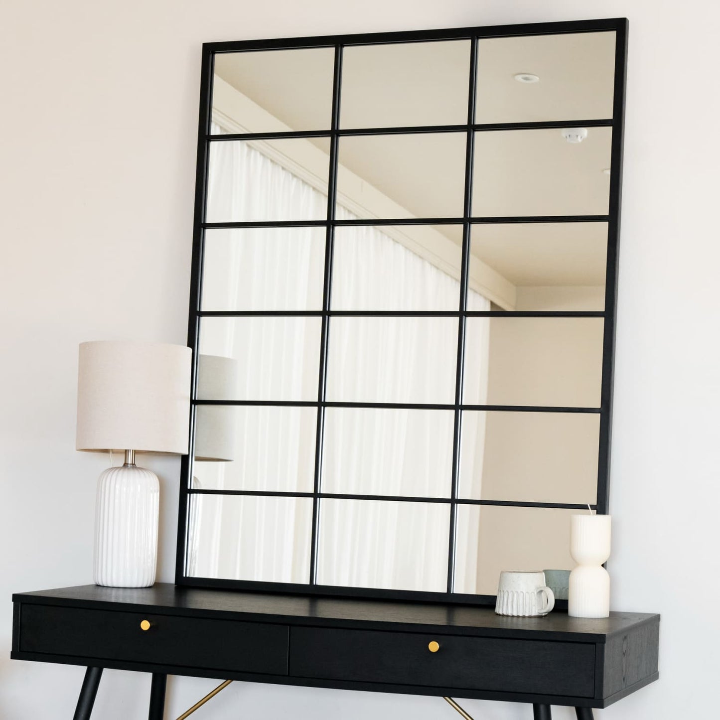 Kyō - Black Metal Rectangle Lattice Window Mirror - 120cm x 95cm-0