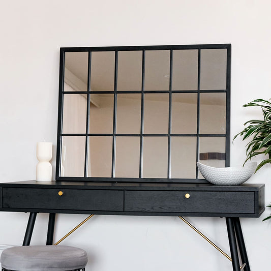 Kyō - Black Metal Rectangle Lattice Window Mirror - 90cm x 70cm-0