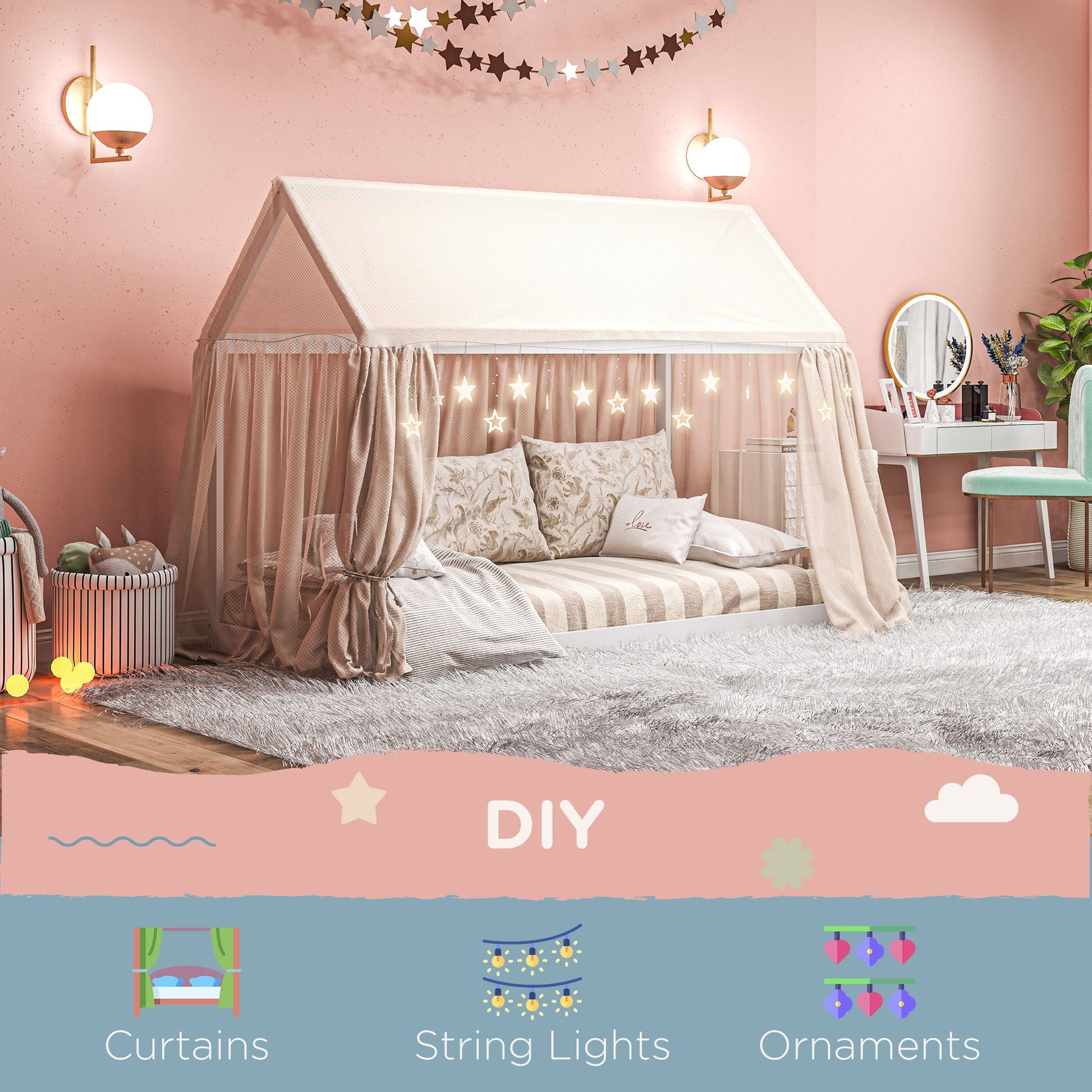 Single House-Shaped Wooden Bed Frame for 90 x 190 cm Mattress - White-4