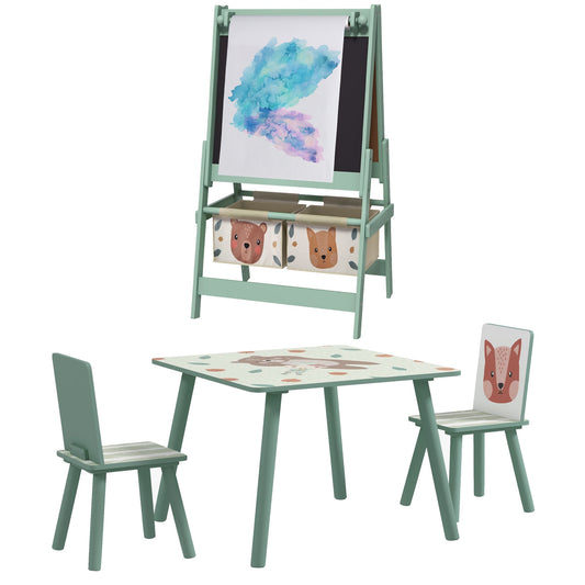 Kids Table and Chair Set and Kids Easel with Paper Roll, Storage Baskets, Kids Activity Furniture Set, Green-0