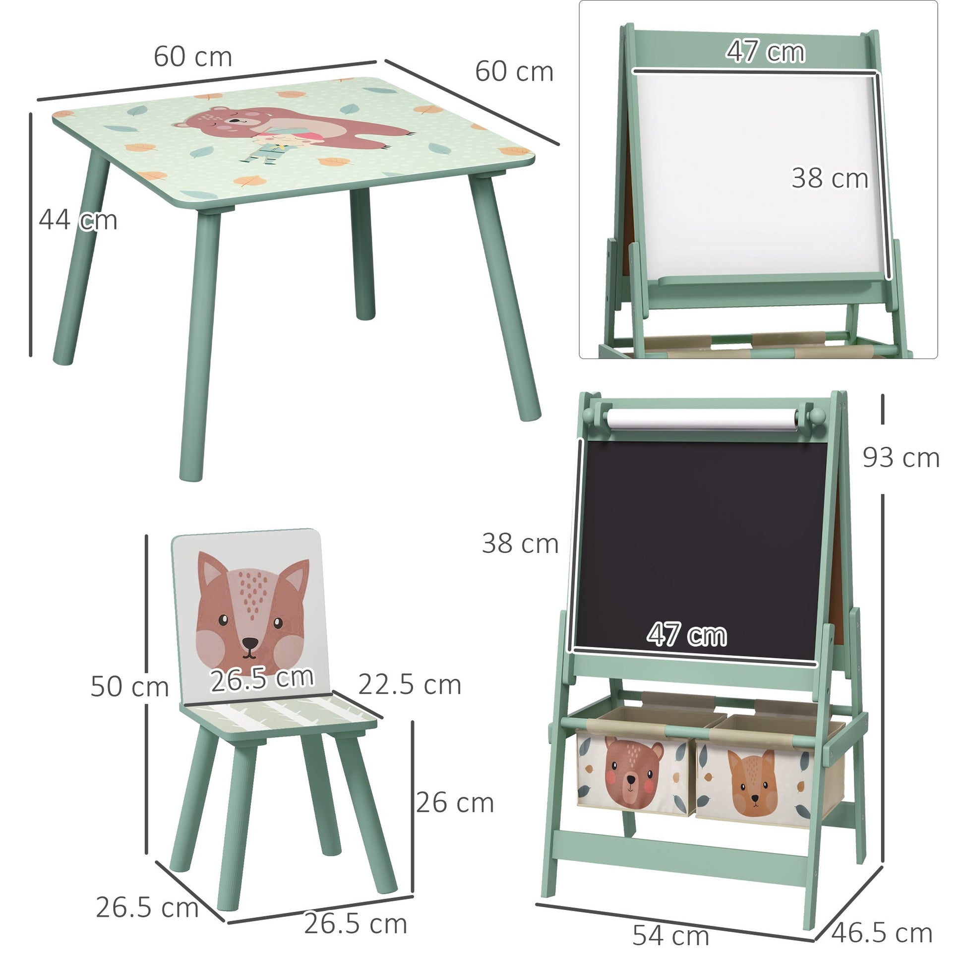 Kids Table and Chair Set and Kids Easel with Paper Roll, Storage Baskets, Kids Activity Furniture Set, Green-2