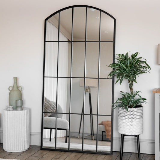 Tomi - Full Length Black Metal Arched Lattice Window Mirror - 180cm x 90cm-0