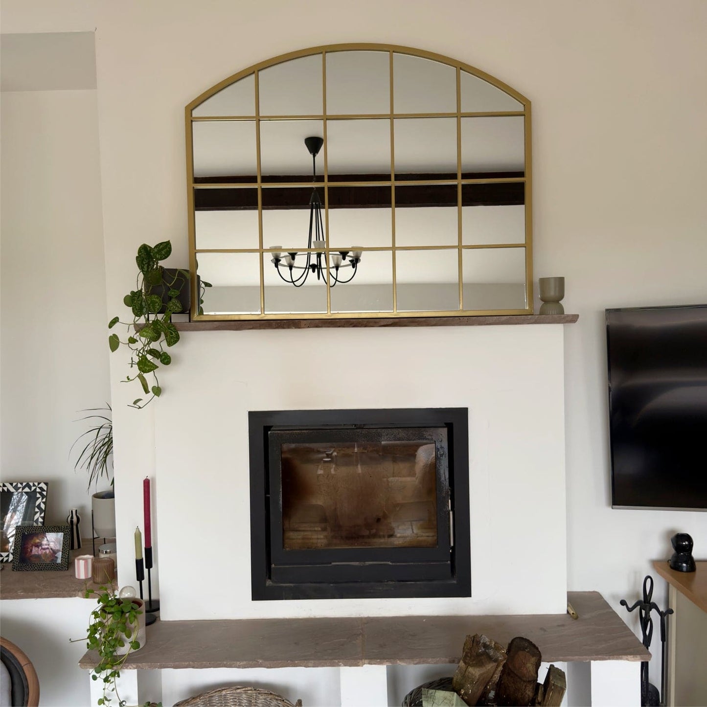 Tomi - Gold Metal Arched Lattice Window Mirror - 95cm x 120cm.-1