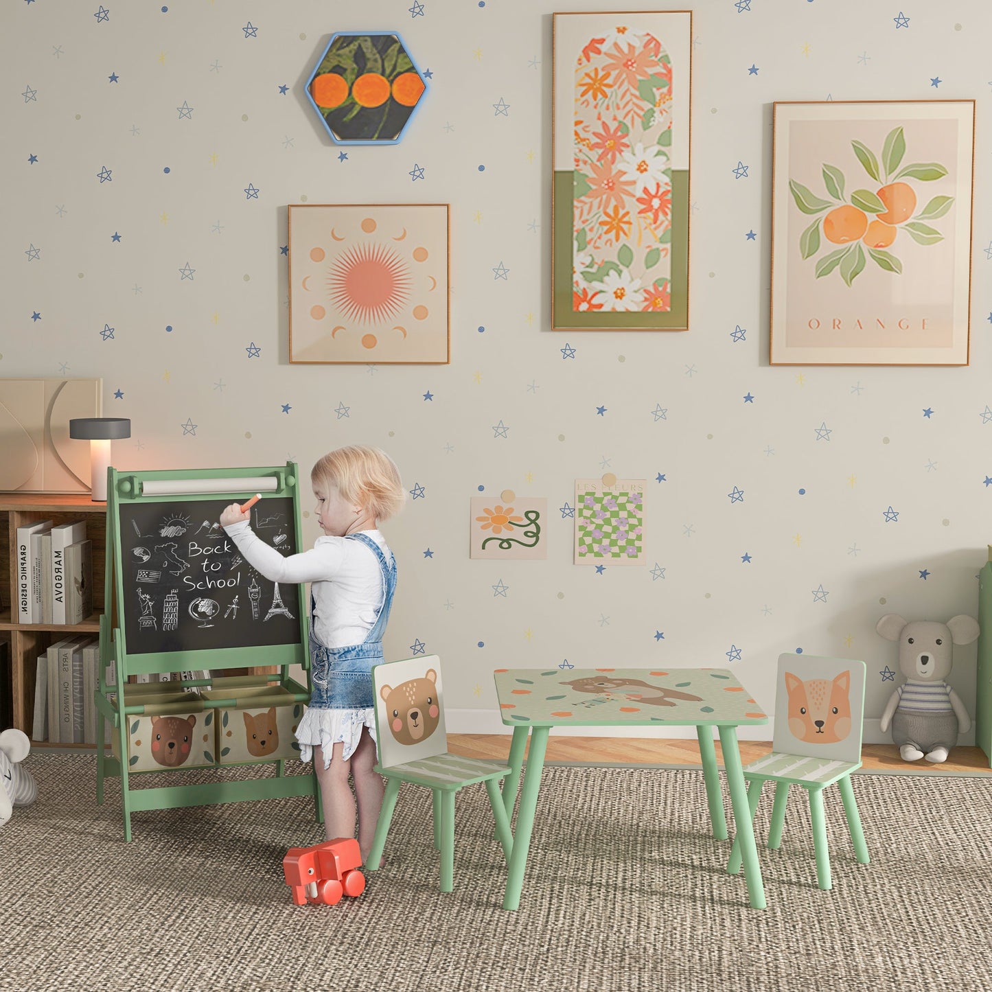 Kids Table and Chair Set and Kids Easel with Paper Roll, Storage Baskets, Kids Activity Furniture Set, Green-1